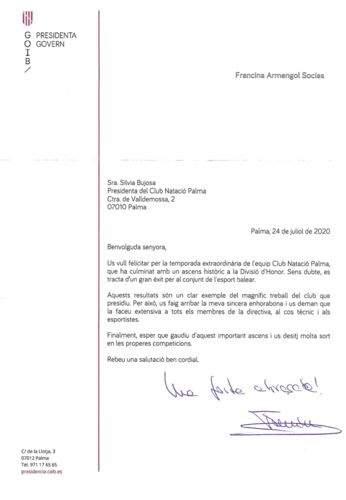 Carta de felicitació de la Presidenta del Govern Balear